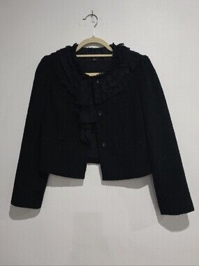 Ann Taylor Black Boucle Cropped Jacket with Pleated Ruffle Collar Size 2 P